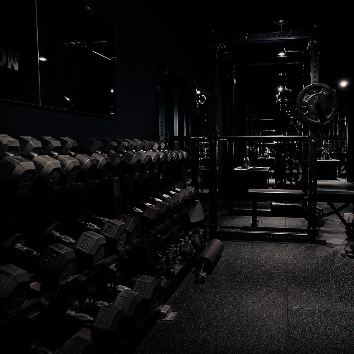 Academia escura com rack de halteres e estação de agachamento